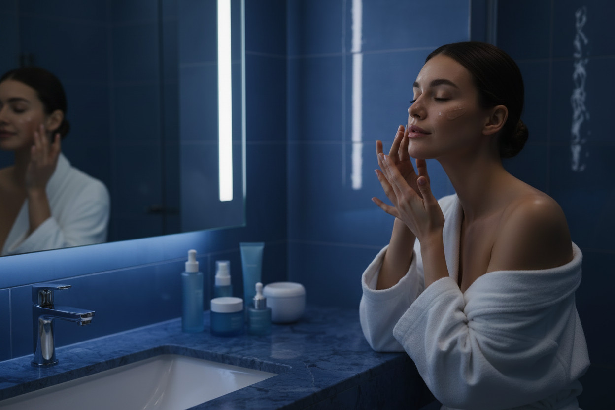 Skincare Routine in Dark Blue Setting